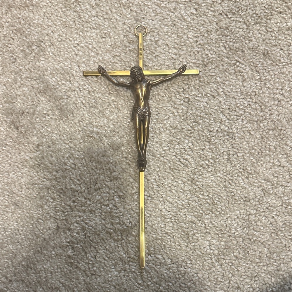 Vintage 1969 Jesus Catholic Gold and Bronze Crucifix Wall Tapestry